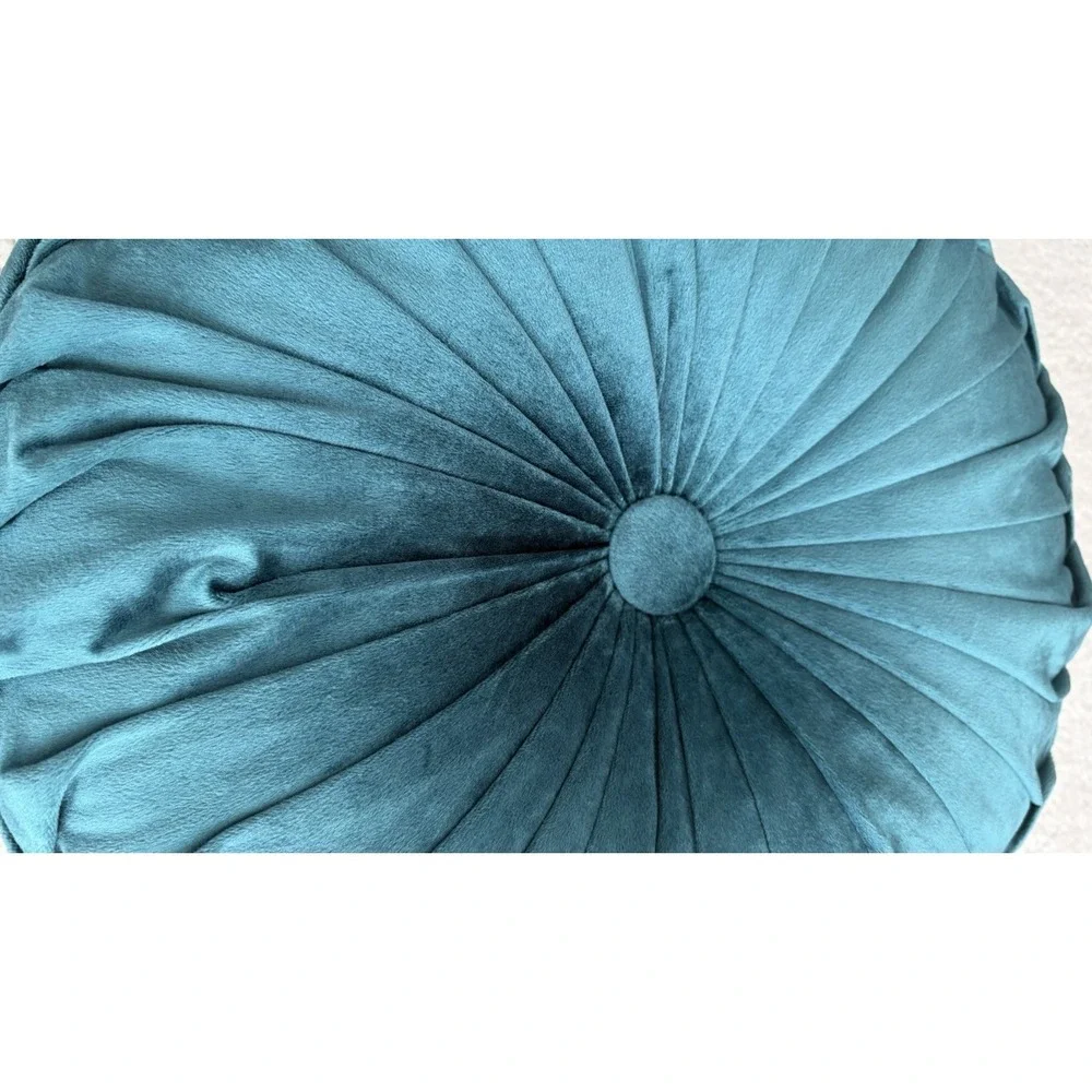 Round Velvet Throw Pillow Pumpkin Teal Blue Green Tufted Pleated Cushion Decor